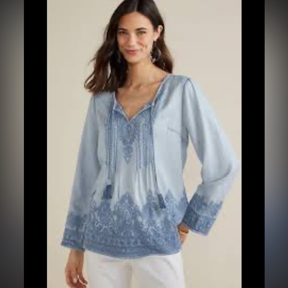 Soft Surroundings Women's Embroidered Blouse - Light Blue New With Tags